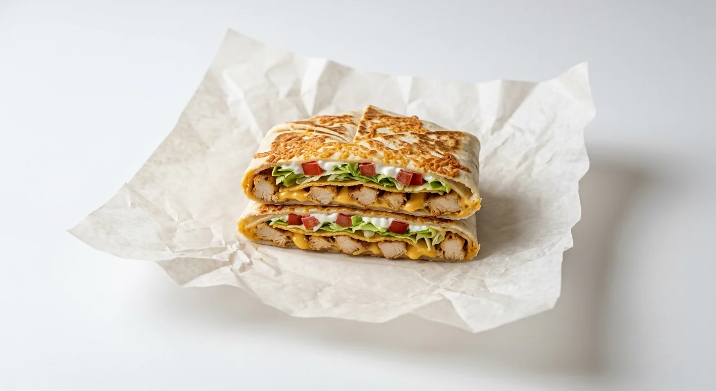 Taco Bell Grilled Cheese Crunchwrap - Chicken, grilled cheese Crunchwrap cut in half showing grilled chicken, nacho cheese, tostada, lettuce, tomato and sour cream on white paper, nutrition and calories
