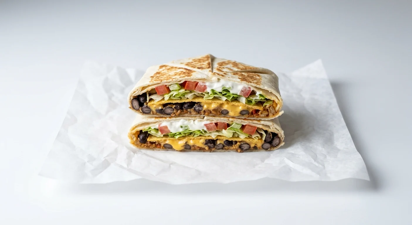 Taco Bell Crunchwrap Supreme - Black Beans, Crunchwrap cut in half showing black beans, nacho cheese, tostada, lettuce, tomato and sour cream on white paper, nutrition and calories