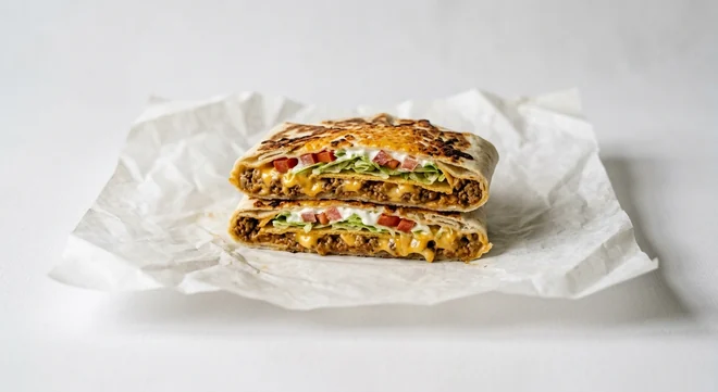 Taco Bell Grilled Cheese Crunchwrap - Beef, grilled cheese Crunchwrap cut in half showing seasoned beef, nacho cheese, tostada, lettuce, tomato and sour cream on white paper, nutrition and calories