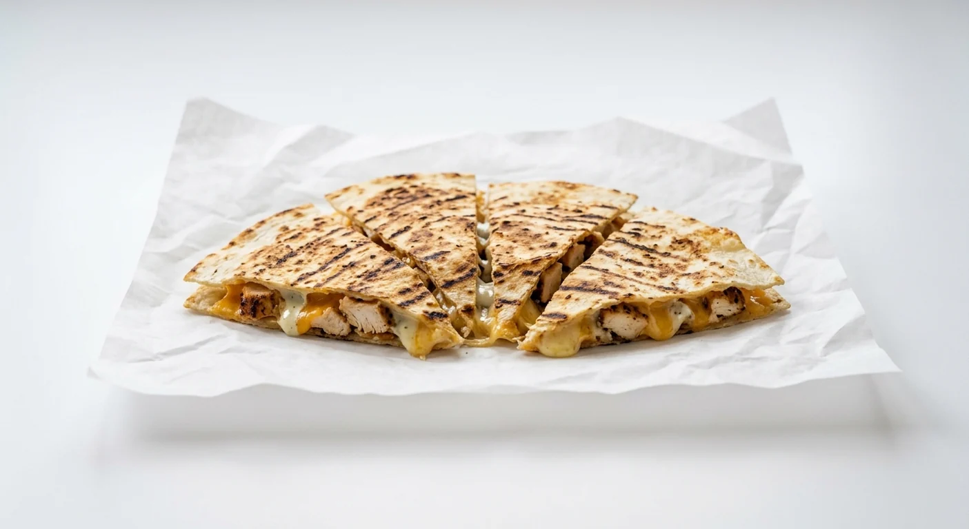 Taco Bell Quesadilla - Grilled Chicken, quesadilla wedges with grilled chicken and melted cheese on white paper, nutrition and calories
