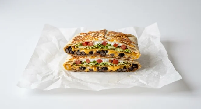 Taco Bell Grilled Cheese Crunchwrap - Black Beans, grilled cheese Crunchwrap cut in half showing black beans, nacho cheese, tostada, lettuce, tomato and sour cream on white paper, nutrition and calories