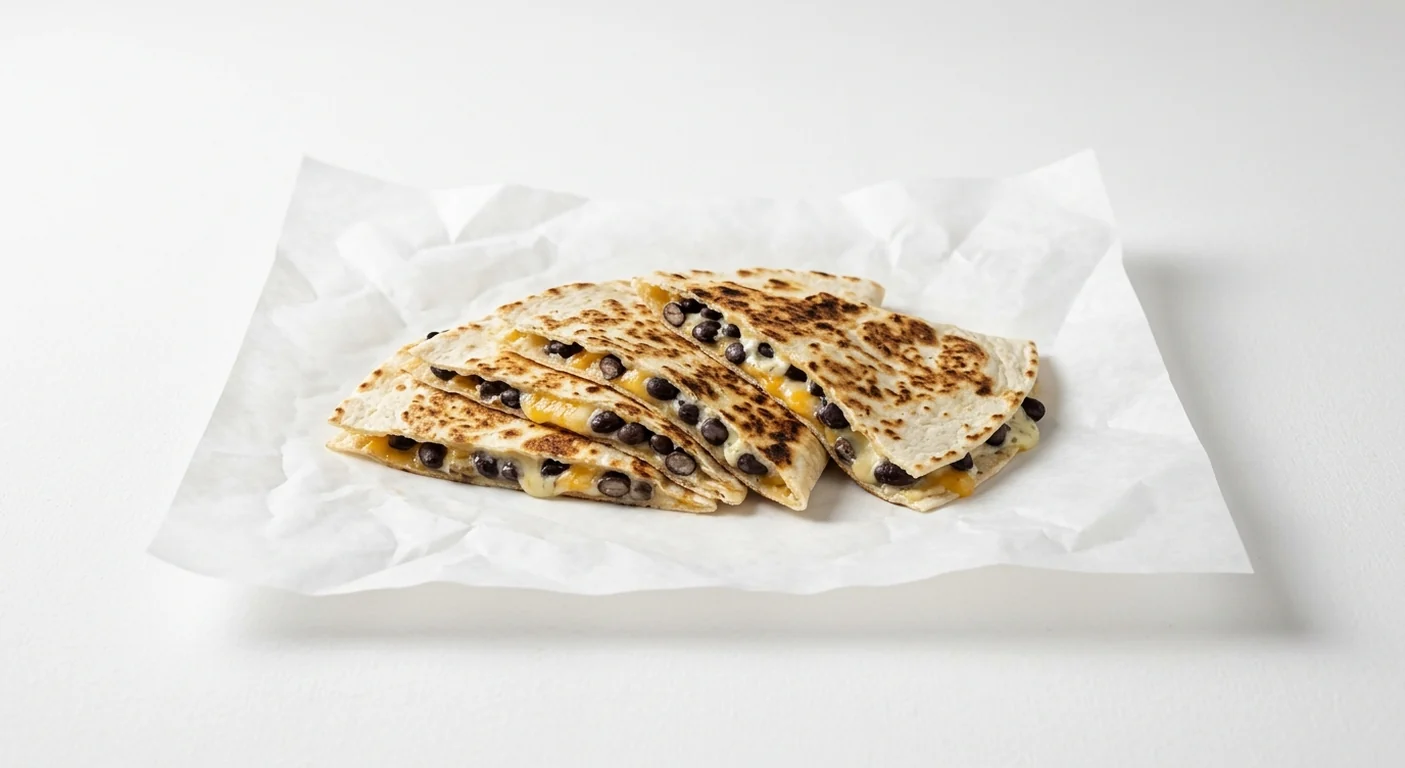 Taco Bell Quesadilla - Black Beans, quesadilla wedges with black beans and melted cheese on white paper, nutrition and calories