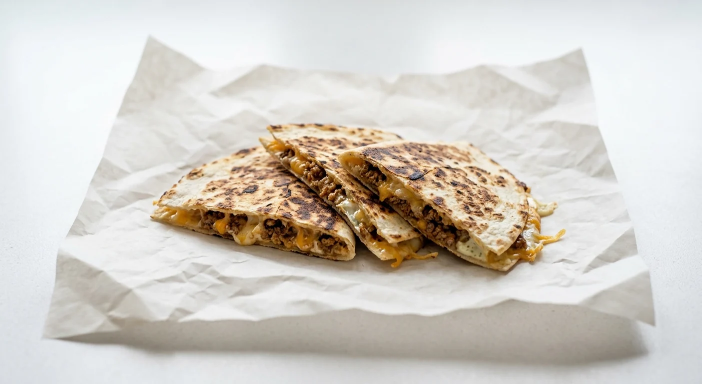 Taco Bell Quesadilla - Beef, quesadilla wedges with seasoned beef and melted cheese on white paper, nutrition and calories