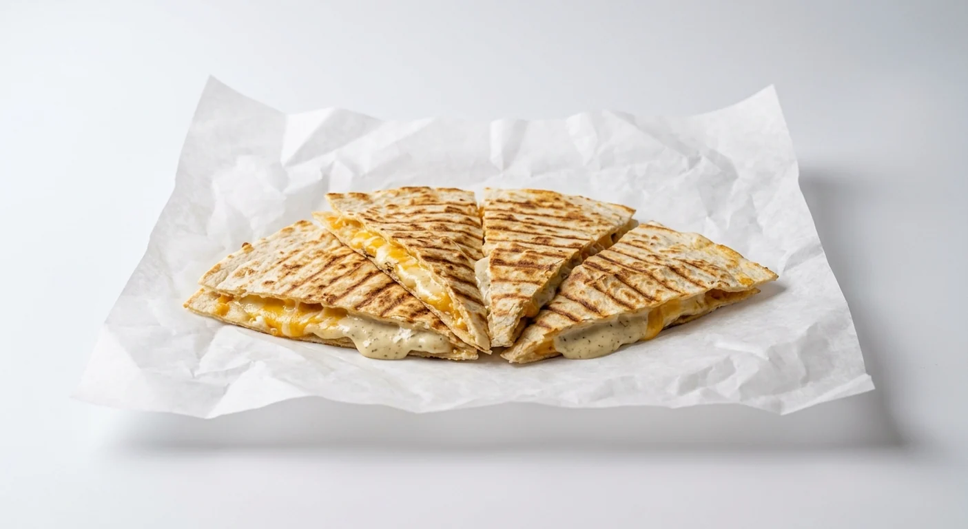 Taco Bell Quesadilla - Cheese, quesadilla wedges with melted cheese on white paper, nutrition and calories