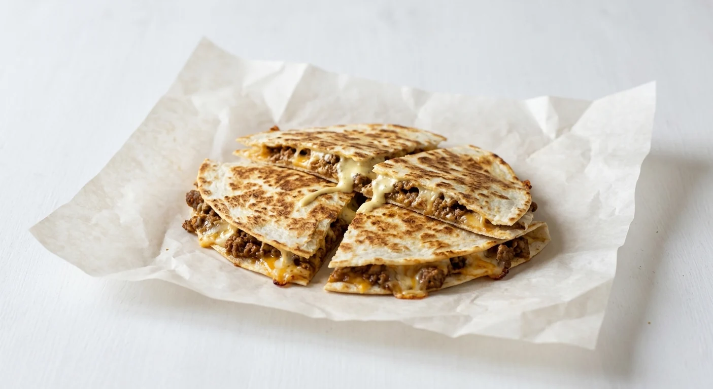 Taco Bell Quesadilla - Double Beef, quesadilla wedges with seasoned beef and melted cheese on white paper, nutrition and calories