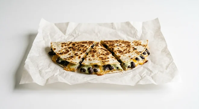Taco Bell Quesadilla - Double Black Beans, quesadilla wedges with black beans and melted cheese on white paper, nutrition and calories