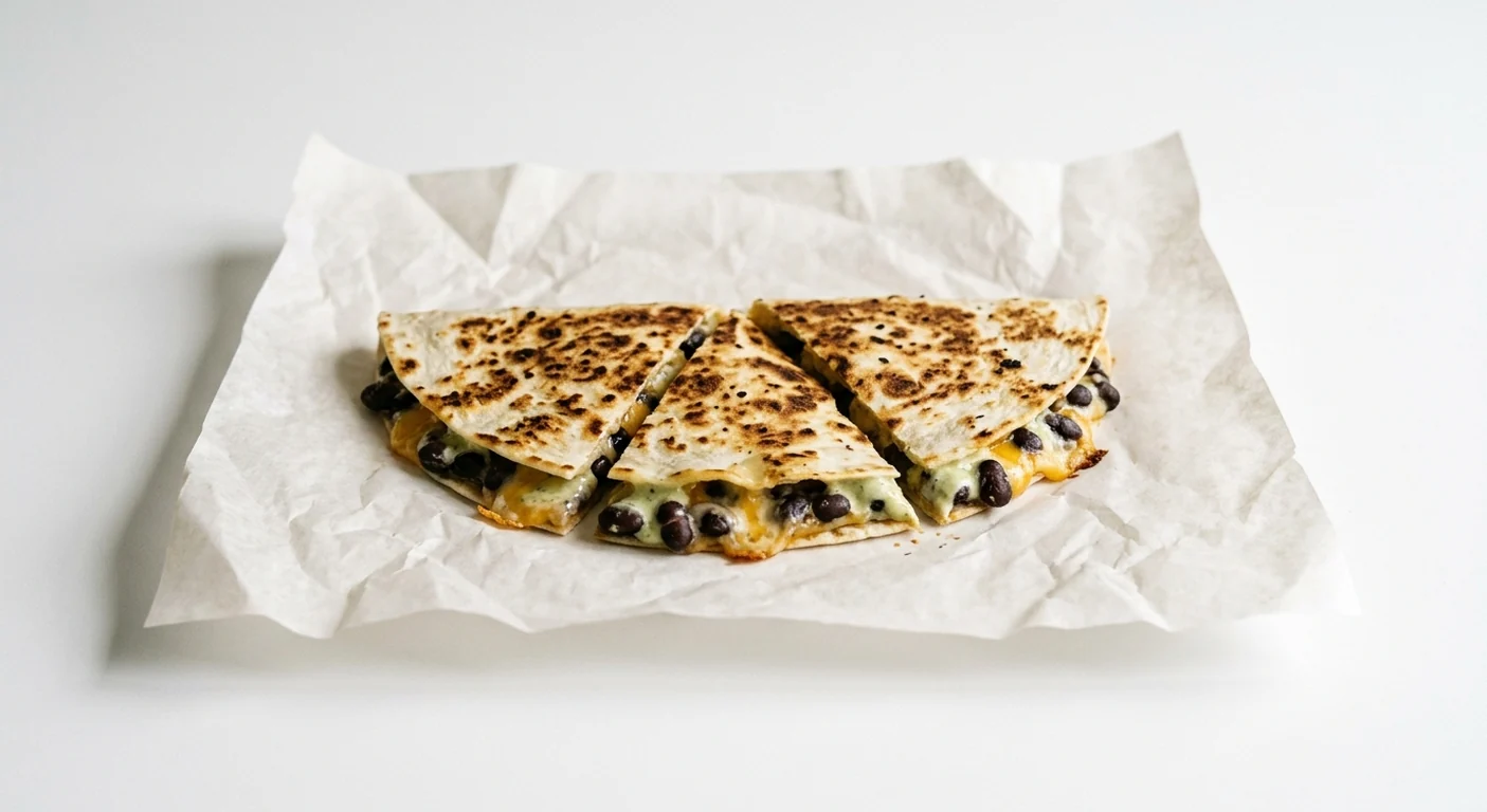 Taco Bell Quesadilla - Double Black Beans, quesadilla wedges with black beans and melted cheese on white paper, nutrition and calories