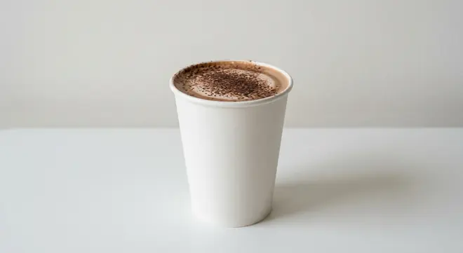 Caffè Nero Mocha (Regular), mocha dusted with cocoa in a plain white paper cup, nutrition and calories