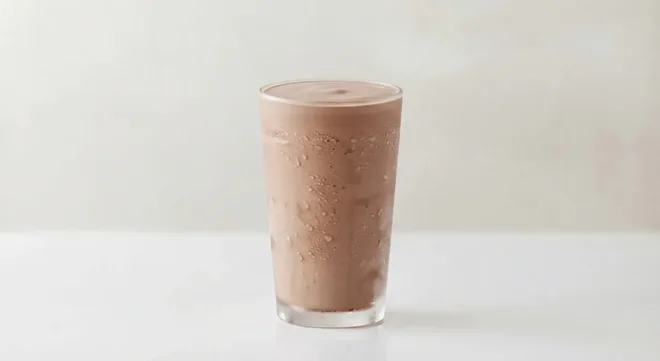 Caffè Nero Chocolate Milkshake (Almond Milk), chocolate milkshake in a tall clear glass, nutrition and calories