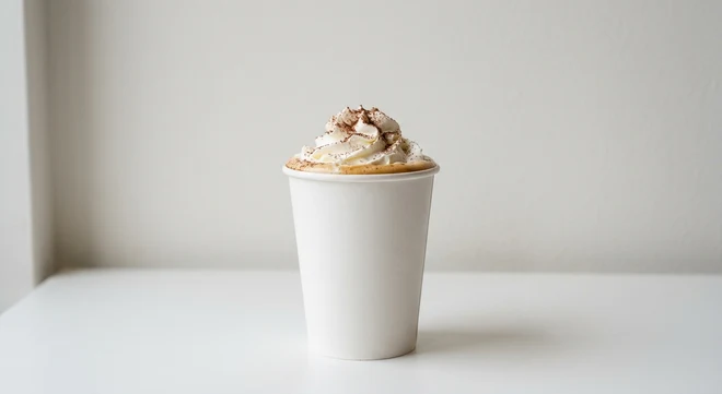 Greggs Large Caramel Latte, caramel latte topped with whipped cream and chocolate powder in a white takeaway cup, nutrition and calories