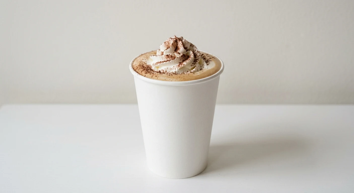 Greggs Regular Vanilla Latte, vanilla latte topped with whipped cream and chocolate powder in a white takeaway cup, nutrition and calories