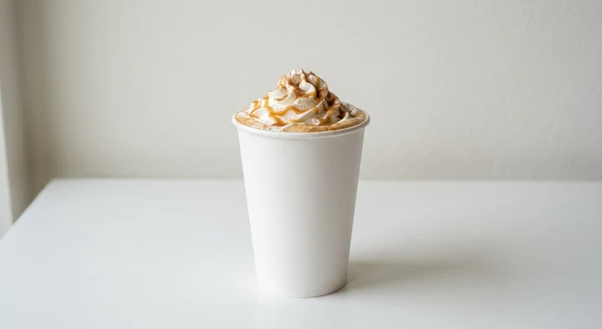 Greggs Large Pumpkin Spice Latte with Salted Caramel Drizzle, pumpkin spice latte topped with whipped cream, salted caramel drizzle and cinnamon in a white takeaway cup, nutrition and calories