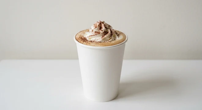 Greggs Large Vanilla Latte, vanilla latte topped with whipped cream and chocolate powder in a white takeaway cup, nutrition and calories