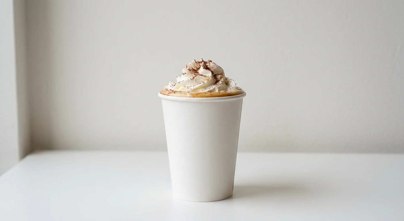 Greggs Regular Caramel Latte, caramel latte topped with whipped cream and chocolate powder in a white takeaway cup, nutrition and calories