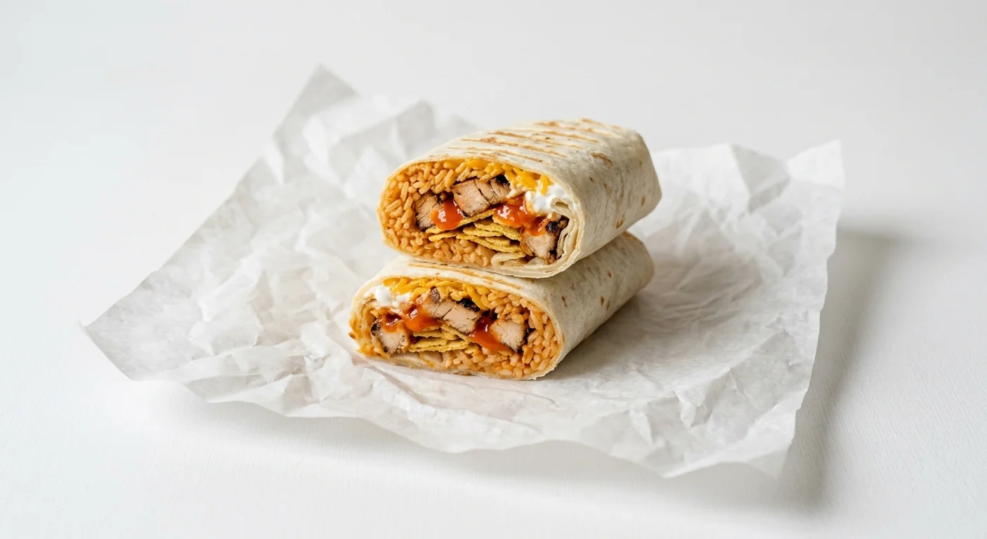 Taco Bell Volcano Burrito - Grilled Chicken, burrito cut in half showing grilled chicken, seasoned rice, lava sauce, crushed nacho chips, sour cream and cheddar on white paper, nutrition and calories