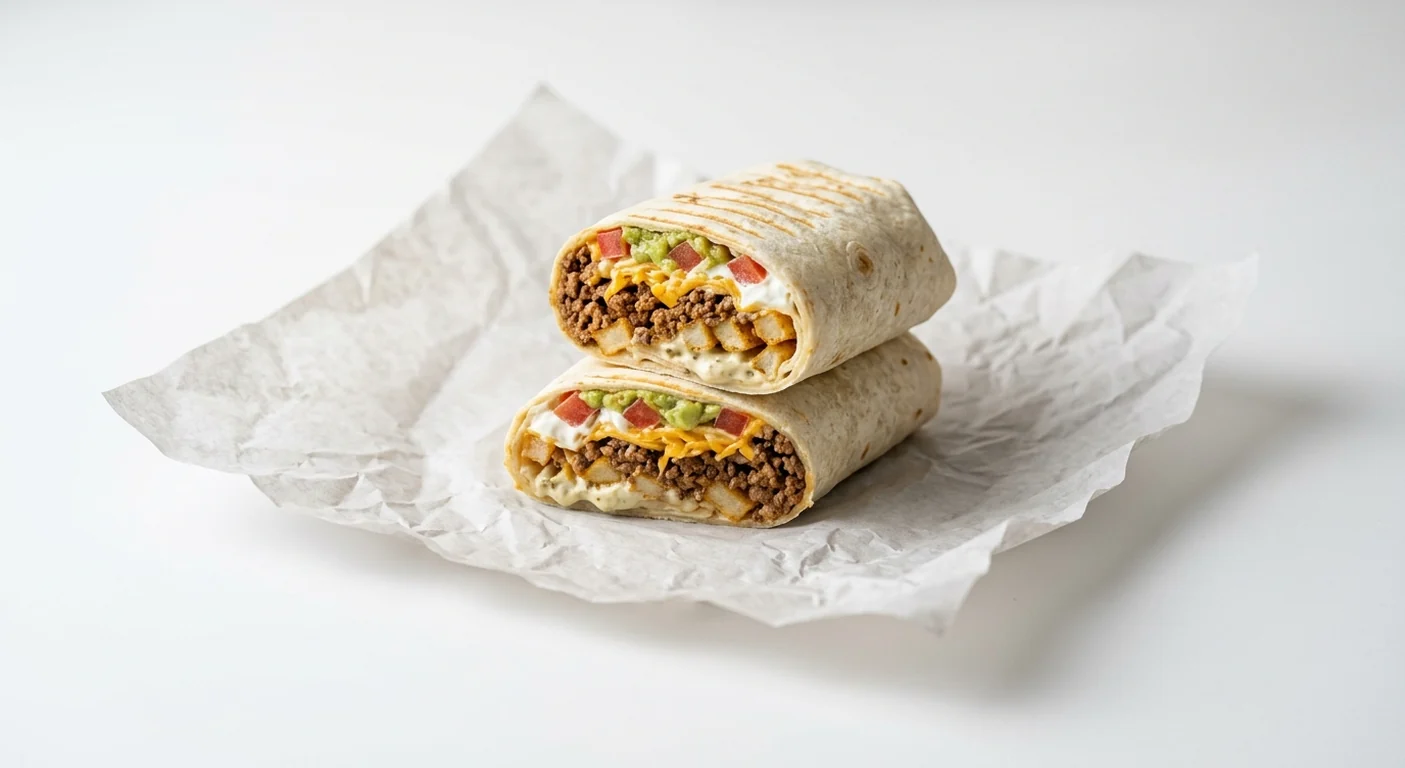 Taco Bell Loaded XL Burrito - Beef, burrito cut in half showing beef, fries, jalapeño sauce, cheese, tomato, guacamole and sour cream on white paper, nutrition and calories