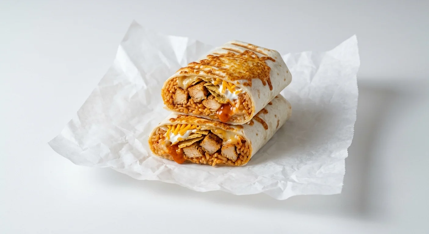 Taco Bell Grilled Cheese Volcano Burrito - Chicken, grilled cheese burrito cut in half showing grilled chicken, seasoned rice, cheese, lava sauce, crushed nacho chips, sour cream and cheddar on white paper, nutrition and calories
