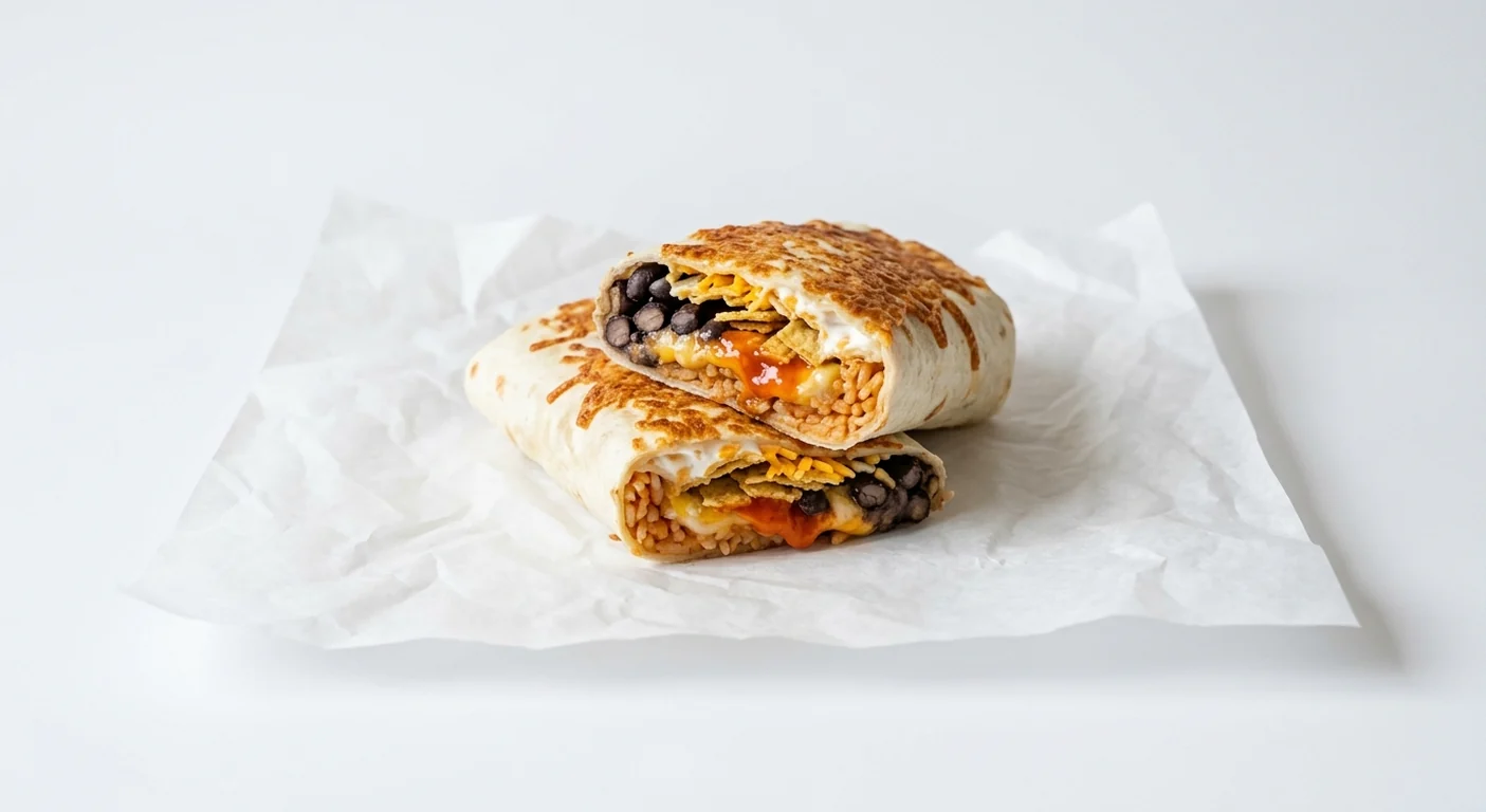 Taco Bell Grilled Cheese Volcano Burrito - Black Beans, grilled cheese burrito cut in half showing black beans, seasoned rice, cheese, lava sauce, crushed nacho chips, sour cream and cheddar on white paper, nutrition and calories
