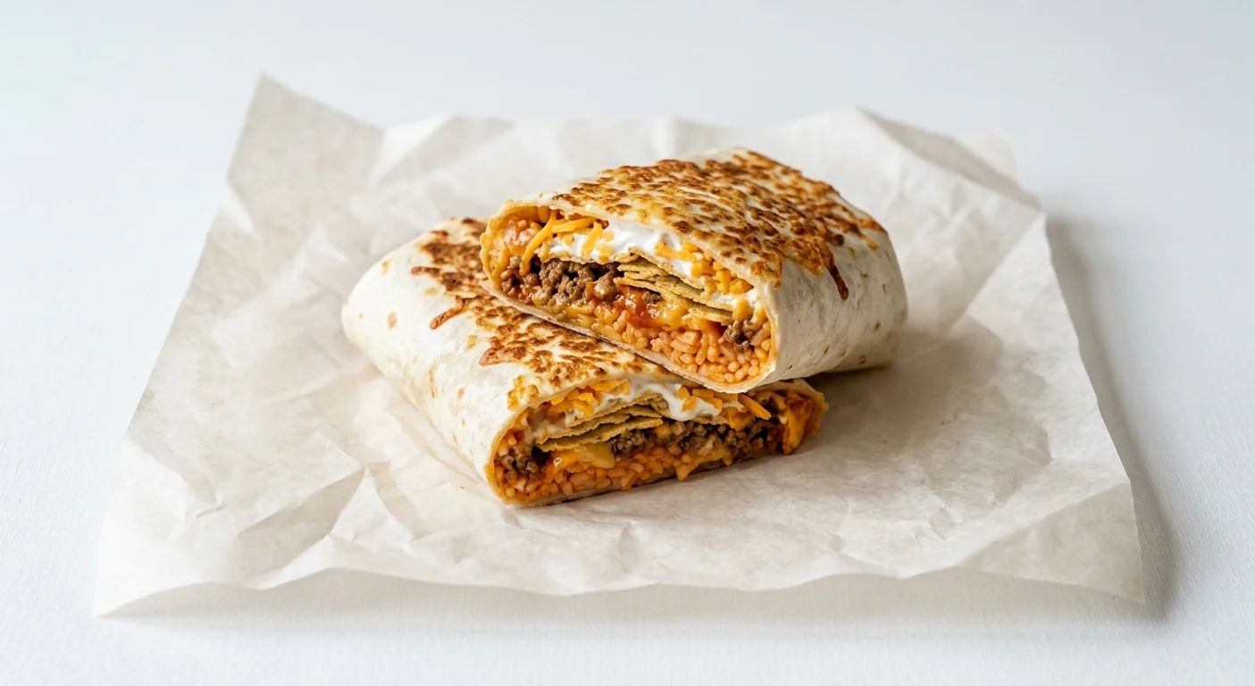 Taco Bell Grilled Cheese Volcano Burrito - Beef, grilled cheese burrito cut in half showing beef, seasoned rice, cheese, lava sauce, crushed nacho chips, sour cream and cheddar on white paper, nutrition and calories