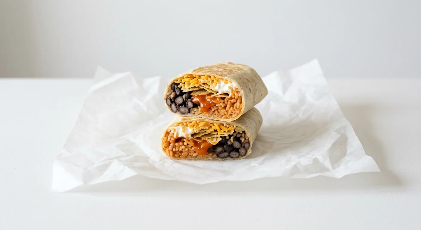 Taco Bell Volcano Burrito - Black Beans, burrito cut in half showing black beans, seasoned rice, lava sauce, crushed nacho chips, sour cream and cheddar on white paper, nutrition and calories