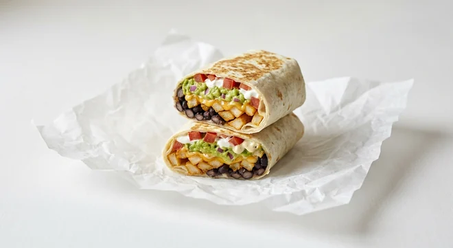 Taco Bell Loaded XL Burrito - Black Beans, burrito cut in half showing black beans, fries, jalapeño sauce, cheese, tomato, guacamole and sour cream on white paper, nutrition and calories