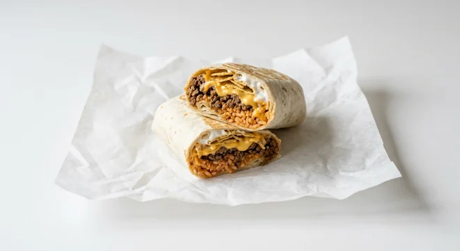 Taco Bell Beefy Melt Burrito, burrito cut in half showing beef, seasoned rice, cheese, nacho cheese, crushed nacho chips and sour cream on white paper, nutrition and calories