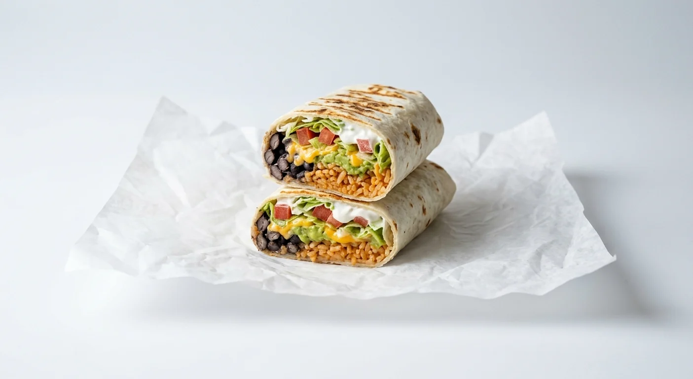 Taco Bell 7-Layer Burrito, burrito cut in half showing black beans, seasoned rice, guacamole, cheese, lettuce, tomato and sour cream on white paper, nutrition and calories