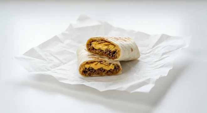 Taco Bell Beefy Nacho Cravings Burrito, burrito cut in half showing beef, nacho cheese and crushed nacho chips on white paper, nutrition and calories