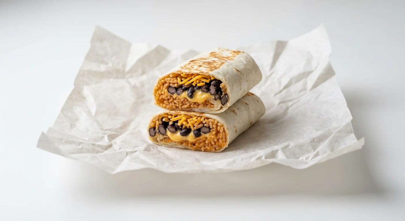 Taco Bell Double Cheesy Black Bean Cravings Burrito, burrito cut in half showing seasoned rice, black beans, nacho cheese and cheddar on white paper, nutrition and calories