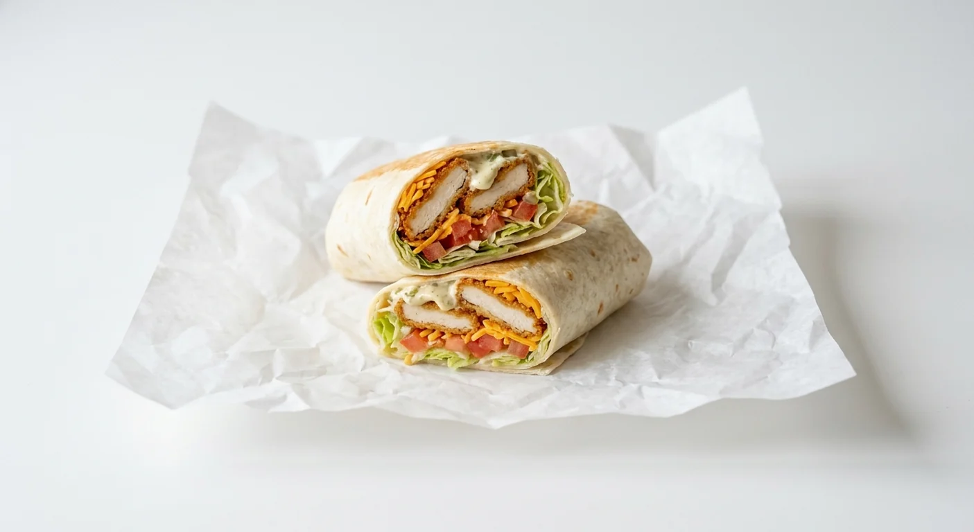 Taco Bell Crispy Chicken Burrito, burrito cut in half showing crispy chicken, jalapeño sauce, lettuce, tomato and cheddar on white paper, nutrition and calories