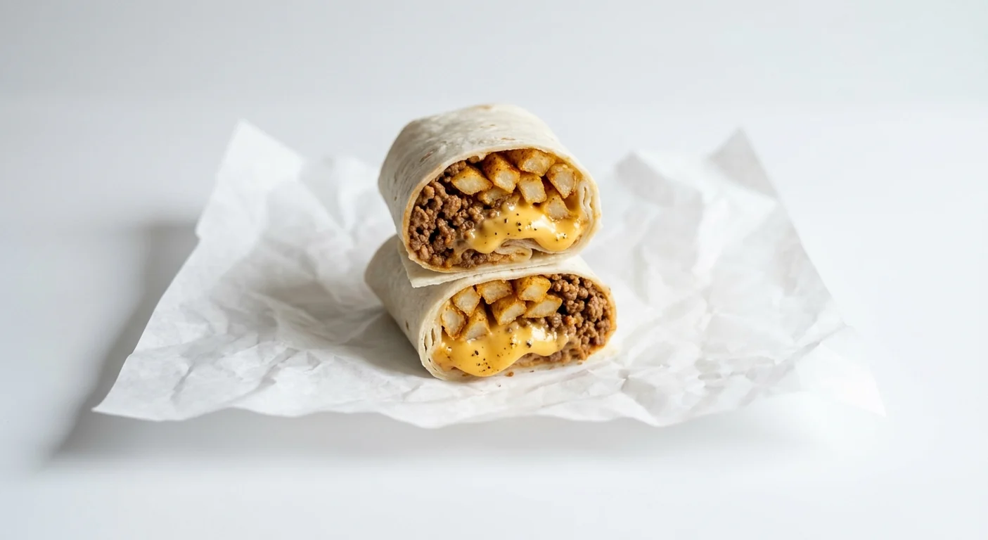 Taco Bell Beefy Fries Burrito, burrito cut in half showing beef, fries and nacho cheese on white paper, nutrition and calories