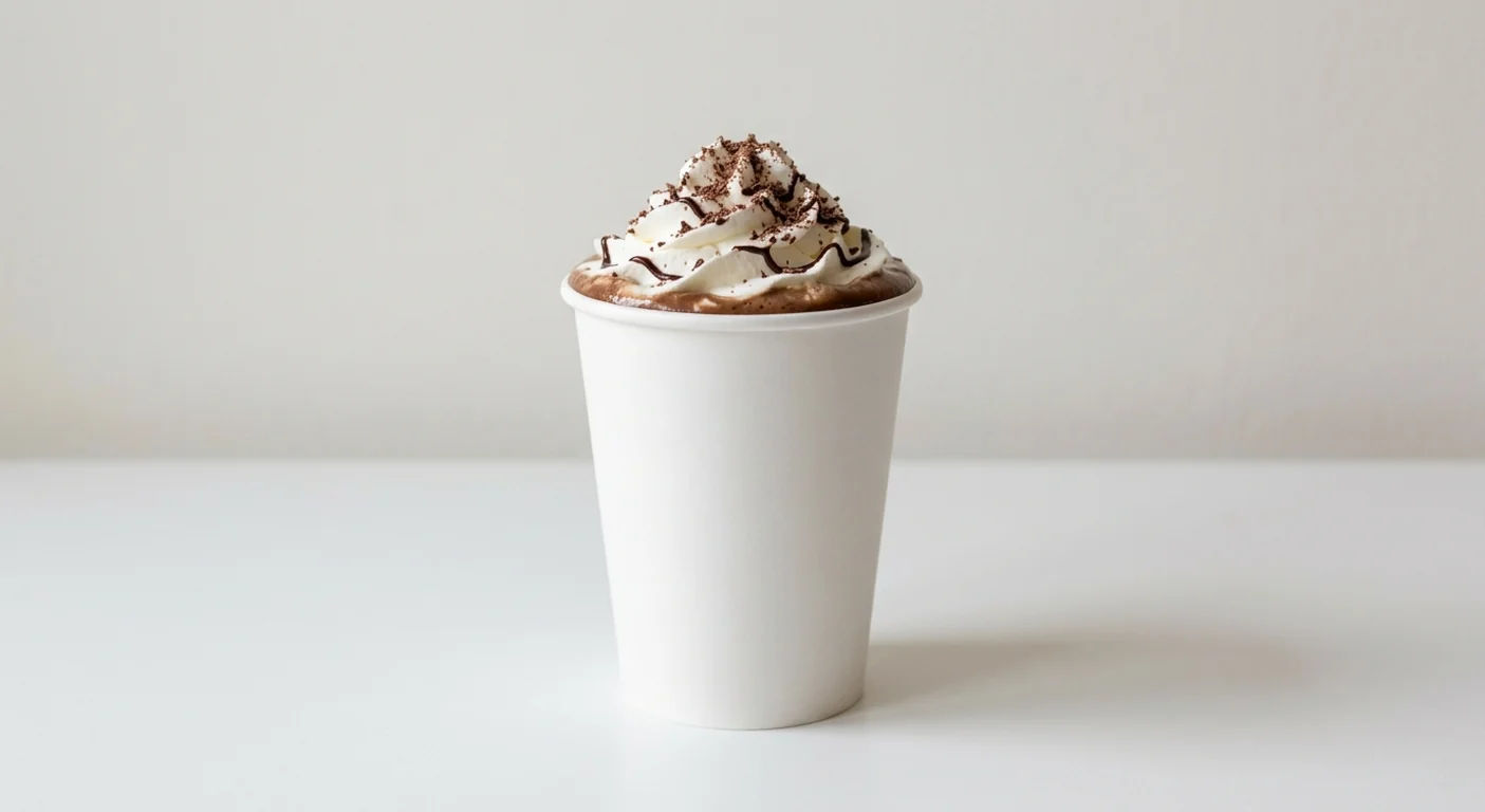 Caffè Nero Luxury Mocha, mocha topped with whipped cream, chocolate drizzle and shavings in a plain white paper cup, nutrition and calories