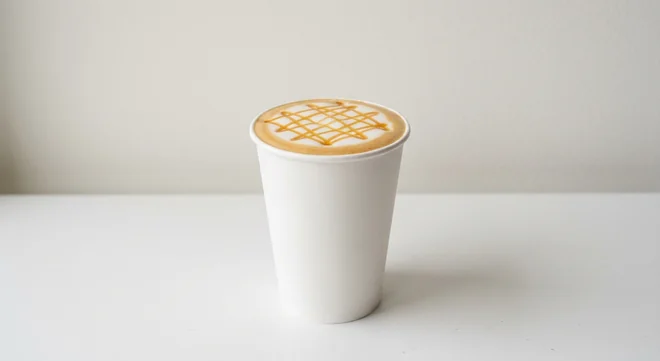 Caffè Nero Luxury Caramelatte (Oat Milk), caramel latte with caramel drizzle on the foam in a plain white paper cup, nutrition and calories