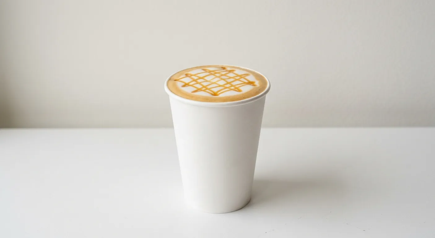 Caffè Nero Luxury Caramelatte, caramel latte with caramel drizzle on the foam in a plain white paper cup, nutrition and calories