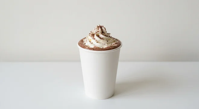 Caffè Nero Luxury Hot Chocolate, hot chocolate topped with whipped cream and chocolate shavings in a plain white paper cup, nutrition and calories