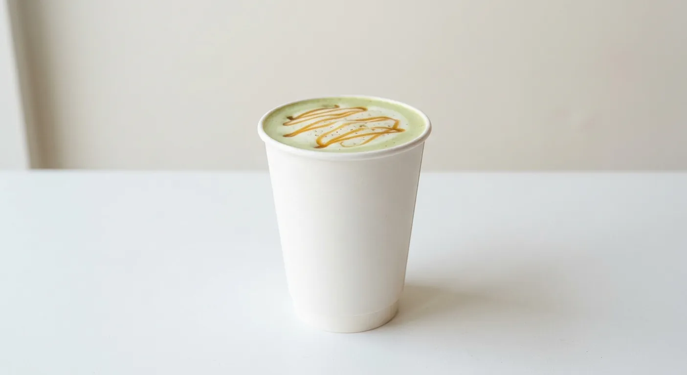 Caffè Nero Banoffee Matcha Latte, green matcha latte with toffee drizzle in a plain white paper cup, nutrition and calories