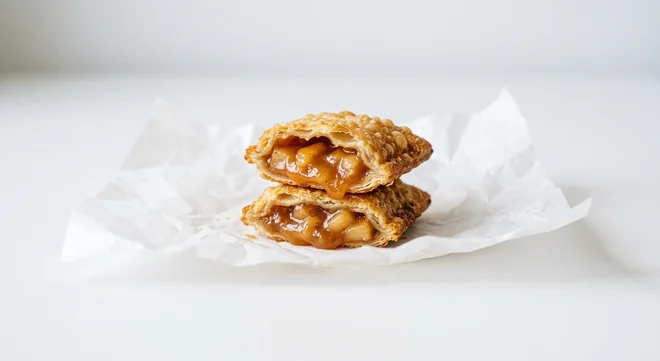 Taco Bell Caramel Apple Empanada, golden fried pastry with caramel apple filling on white paper, nutrition and calories