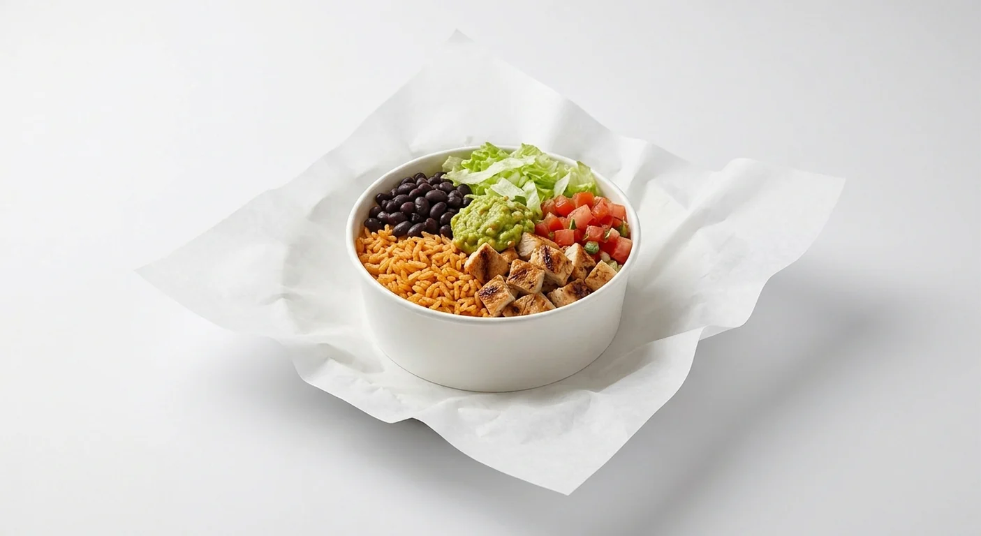 Taco Bell Loaded Protein Bowl, rice bowl with grilled chicken, black beans, guacamole, lettuce and tomato on white paper, nutrition and calories