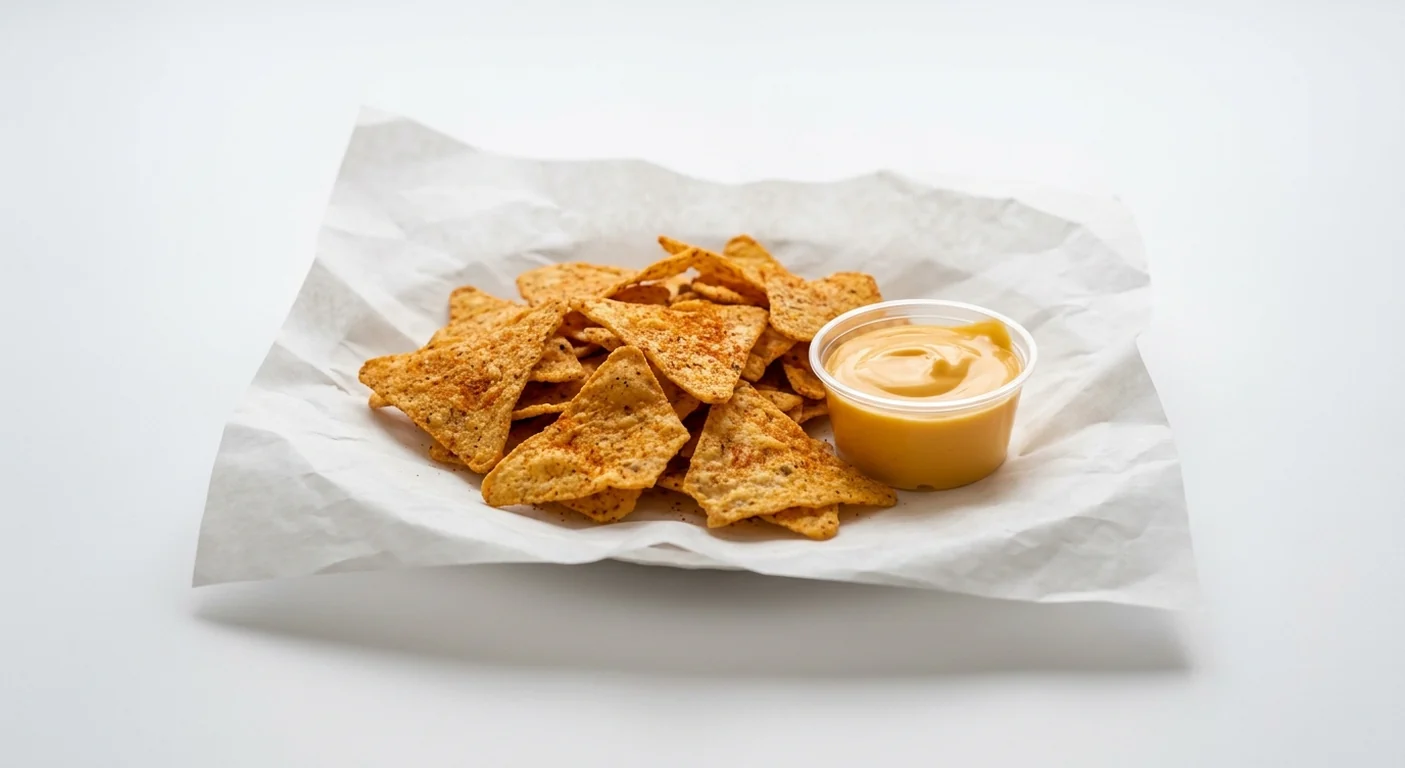 Taco Bell Nacho Chips with Cheese Sauce (Large), seasoned nacho chips with a nacho cheese sauce dip on white paper, nutrition and calories