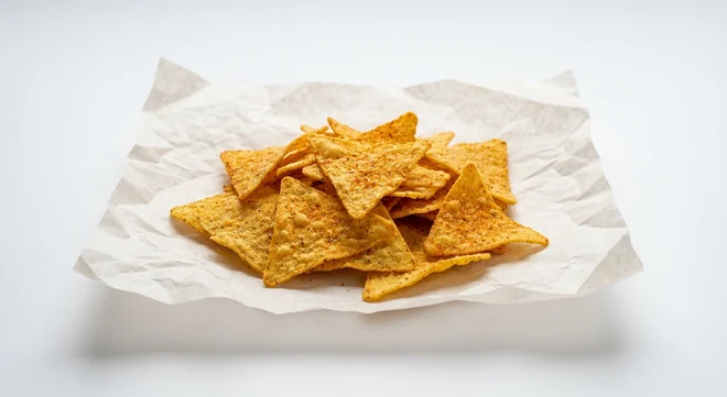 Taco Bell Nacho Chips (Large), seasoned tortilla nacho chips on white paper, nutrition and calories
