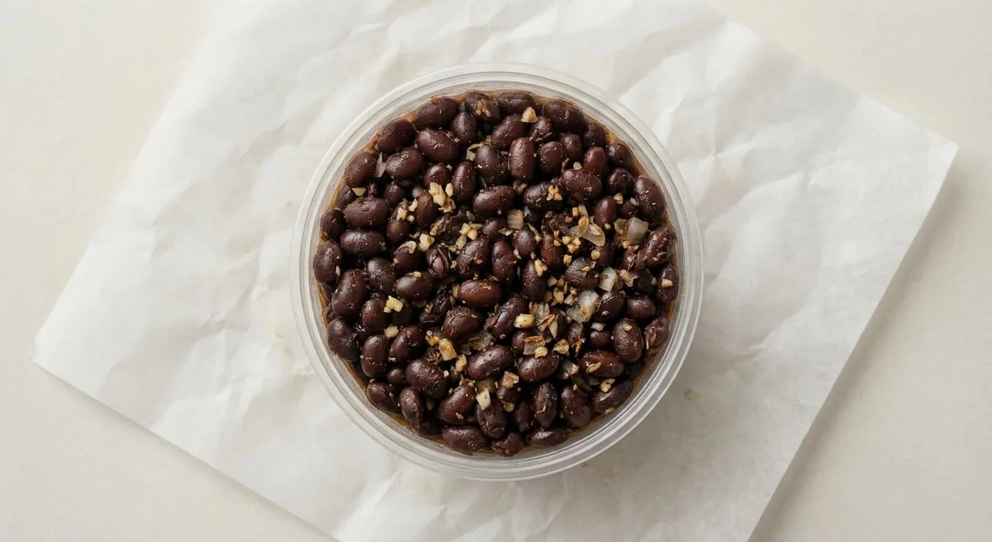 Taco Bell Black Beans, black beans in a clear pot on white paper, nutrition and calories