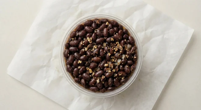 Taco Bell Black Beans, black beans in a clear pot on white paper, nutrition and calories