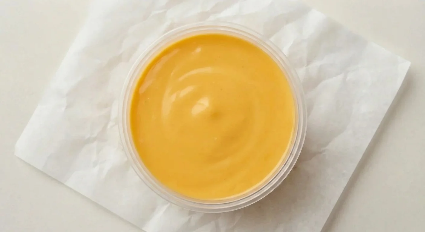 Taco Bell Dip Pot - XL Nacho Cheese, large pot of nacho cheese sauce on white paper, nutrition and calories