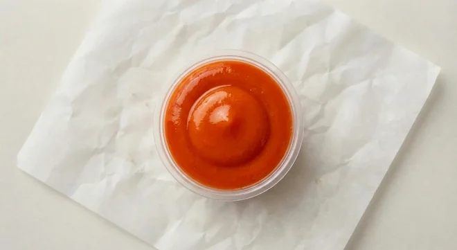 Taco Bell Dip Pot - Lava Sauce, lava sauce in a clear pot on white paper, nutrition and calories