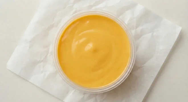 Taco Bell Dip Pot - XL Nacho Cheese, large pot of nacho cheese sauce on white paper, nutrition and calories