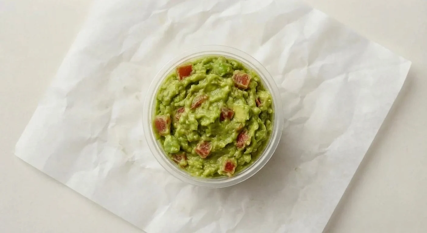 Taco Bell Guacamole, guacamole in a clear pot on white paper, nutrition and calories