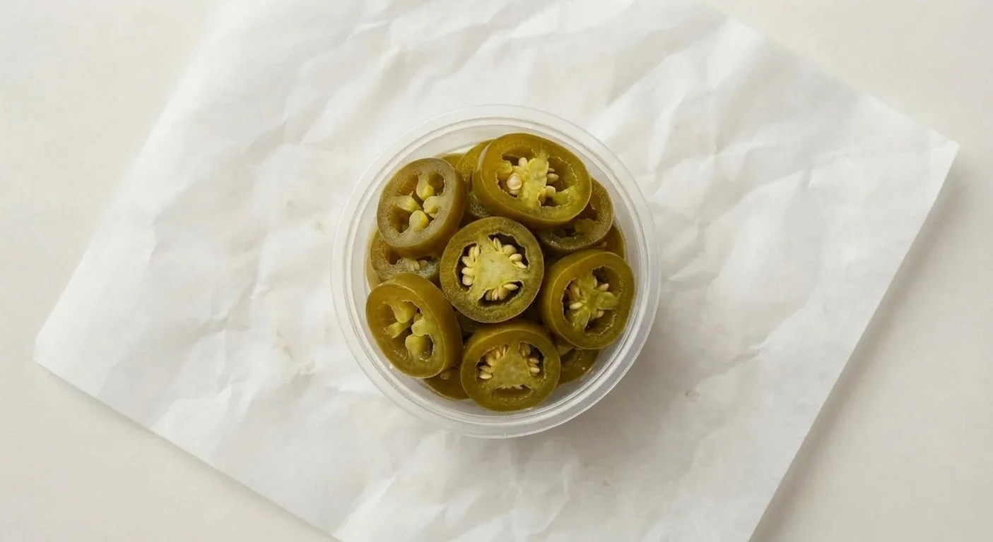 Taco Bell Jalapeños, sliced jalapeños in a clear pot on white paper, nutrition and calories