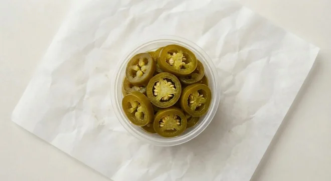 Taco Bell Jalapeños, sliced jalapeños in a clear pot on white paper, nutrition and calories