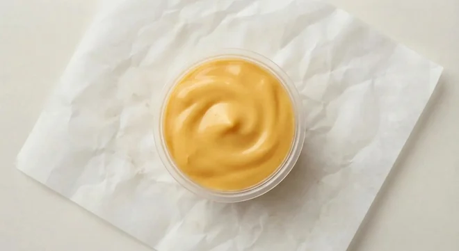 Taco Bell Nacho Cheese Sauce, nacho cheese sauce in a clear pot on white paper, nutrition and calories