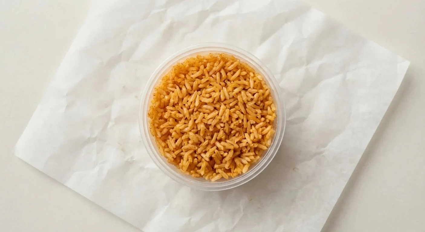 Taco Bell Seasoned Rice, seasoned rice in a clear pot on white paper, nutrition and calories